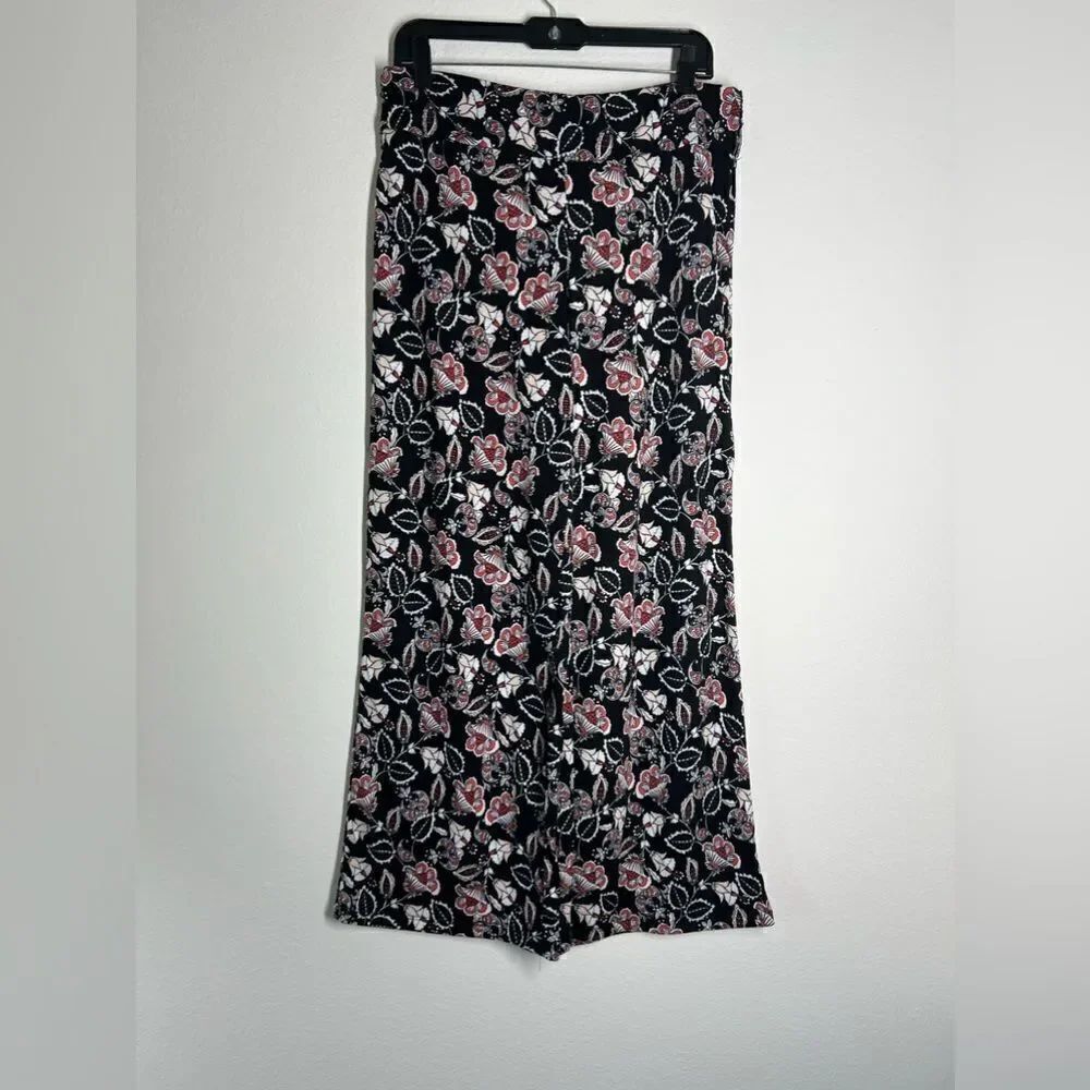 Cato Floral Women's Black Palazzo Pants Pull On Front Flat Elastic Waist Size S